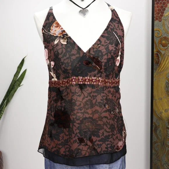 Y2K Brown Lace Halter Cami Top Floral Beaded Empire Bisou Bisou - Picture 10 of 10
